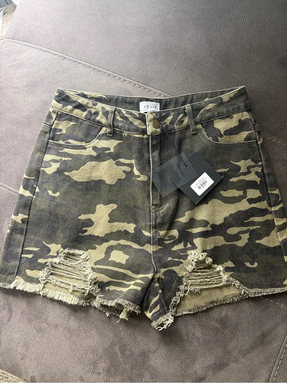 Le Lis Olive Green Camo Distressed Denim Shorts